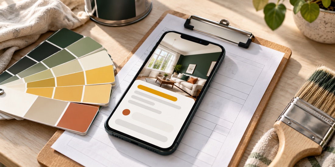 Generated concept image of a painting inquiry on a phone beside a job clipboard and paint swatches.