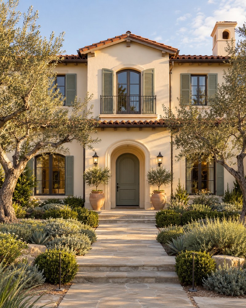 Concept image of a Mediterranean-style California home with sage shutters and olive trees.