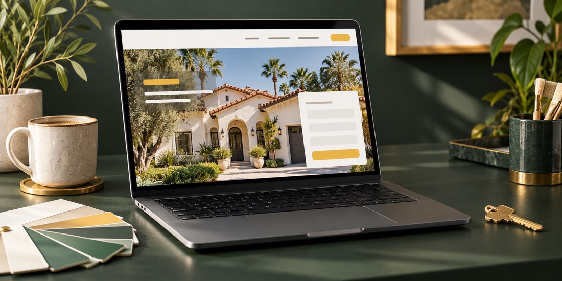 Generated concept image of a painting service website on a laptop beside a house key and paint swatches.